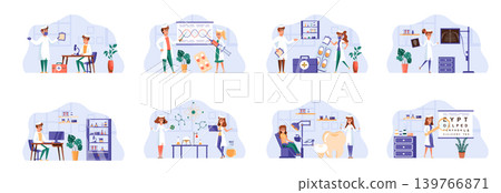Medicine scenes bundle with people characters. Laboratory diagnostics, genetic research, ophthalmology, radiology and stomatology situations. Diagnosis and treatment in clinic flat vector illustration Medicine scenes bundle with people characters. Laboratory diagnostics, genetic research, ophthalmology, radiology and stomatology situations. Diagnosis and treatment in clinic flat vector illustration 139766871