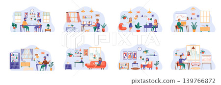 Video conference bundle of scenes with flat people characters. Online talking, teleconference, video call conceptual situations. People communication online by computer cartoon vector illustration Video conference bundle of scenes with flat people characters. Online talking, teleconference, video call conceptual situations. People communication online by computer cartoon vector illustration 139766872