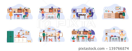 Cooking bundle of scenes with flat people characters. Happy people cooking on kitchen table at home conceptual situations. Family preparing food, delicious and healthy meal cartoon vector illustration Cooking bundle of scenes with flat people characters. Happy people cooking on kitchen table at home conceptual situations. Family preparing food, delicious and healthy meal cartoon vector illustration 139766874
