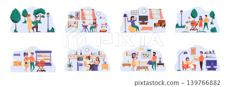 Pregnancy bundle of scenes with flat people characters. Motherhood and childhood of newborn conceptual situations. Young married couple expecting baby and after childbirth cartoon vector illustration 139766882