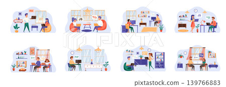 Software testing bundle of scenes with flat people characters. Developers debugging digital application conceptual situations. oftware testing, search of program bugs cartoon vector illustration Software testing bundle of scenes with flat people characters. Developers debugging digital application conceptual situations. oftware testing, search of program bugs cartoon vector illustration 139766883