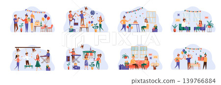 Party bundle of scenes with flat people characters. Happy friends celebrating holiday, dancing in nightclub with dj, making photo, having fun together situations. Birthday party vector illustration. Party bundle of scenes with flat people characters. Happy friends celebrating holiday, dancing in nightclub with dj, making photo, having fun together situations. Birthday party vector illustration. 139766884