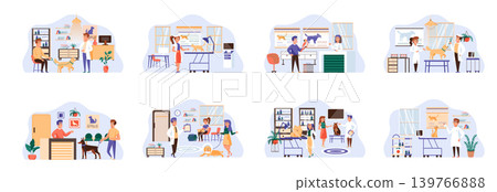 Veterinary clinic bundle of scenes with flat people characters. Veterinarian examining dog and cat in vet clinic conceptual situations. Medical center for domestic animals cartoon vector illustration. 139766888