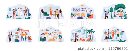 Designers and photographers bundle of scenes with people characters. Professional photography of festive events conceptual situations. Digital designer work with laptop cartoon vector illustration. Designers and photographers bundle of scenes with people characters. Professional photography of festive events conceptual situations. Digital designer work with laptop cartoon vector illustration. 139766891