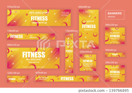 Collection web banners different sizes for mobile and social networks, poster, shopping ads, marketing material. Bundle banners for product promotion, fitness club, GYM, energetic fit training. Collection web banners different sizes for mobile and social networks, poster, shopping ads, marketing material. Bundle banners for product promotion, fitness club, GYM, energetic fit training. 139766895