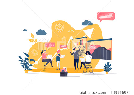 Business meeting concept in flat style. Business team discussing project with charts scene. Partnership and teamwork collaboration banner. Vector illustration with people characters in work situation. Business meeting concept in flat style. Business team discussing project with charts scene. Partnership and teamwork collaboration banner. Vector illustration with people characters in work situation. 139766923