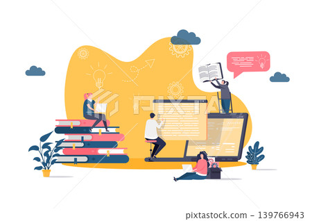 Online studying concept in flat style. Students learning online scene. Distance education, professional seminars and courses web banner. Vector illustration with people characters in work situation. 139766943
