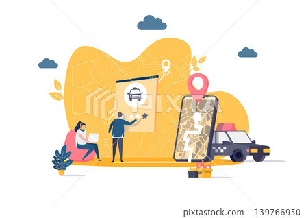 Taxi service concept in flat style. Man ordering taxi online scene. Taxi web application, booking service, passenger transportation banner. Vector illustration with people characters in situation. 139766950