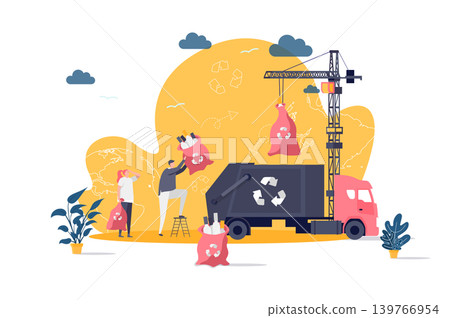 Waste management concept in flat style. People loading sorted waste in truck scene. Control and management of garbage utilization web banner. Vector illustration with people characters in situation. Waste management concept in flat style. People loading sorted waste in truck scene. Control and management of garbage utilization web banner. Vector illustration with people characters in situation. 139766954