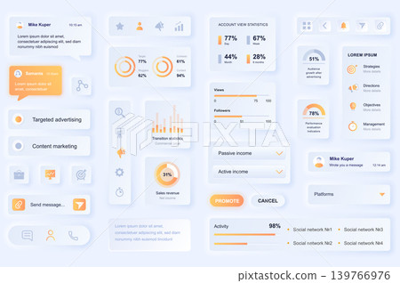 User interface elements for social media marketing mobile app. Unique neumorphic design UI, UX, GUI, KIT elements template. Neumorphism style. Different form, components, button, menu, vector icons. User interface elements for social media marketing mobile app. Unique neumorphic design UI, UX, GUI, KIT elements template. Neumorphism style. Different form, components, button, menu, vector icons. 139766976