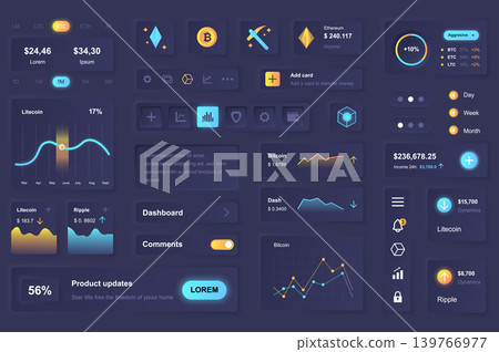 User interface elements for cryptocurrency mobile app. Unique neumorphic design UI, UX, GUI, KIT elements template. Neumorphism style. Different form, components, button, menu, bitcoin vector icons. User interface elements for cryptocurrency mobile app. Unique neumorphic design UI, UX, GUI, KIT elements template. Neumorphism style. Different form, components, button, menu, bitcoin vector icons. 139766977