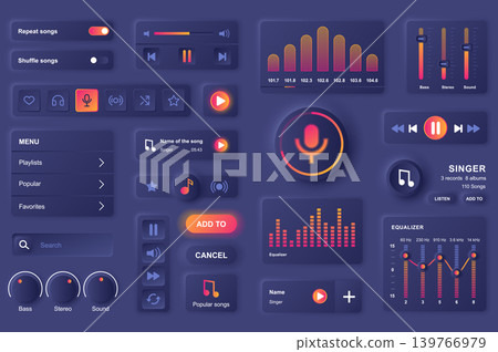 User interface elements for music mobile app. Unique neumorphic design UI, UX, GUI, KIT elements template. Neumorphism style. Different form, components, button, menu, sound vector icons. 139766979