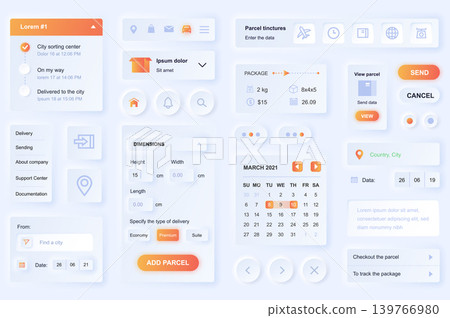 User interface elements for delivery mobile app. Unique neumorphic design UI, UX, GUI, KIT elements template. Neumorphism style. Different form, components, button, menu, logistic vector icons. User interface elements for delivery mobile app. Unique neumorphic design UI, UX, GUI, KIT elements template. Neumorphism style. Different form, components, button, menu, logistic vector icons. 139766980