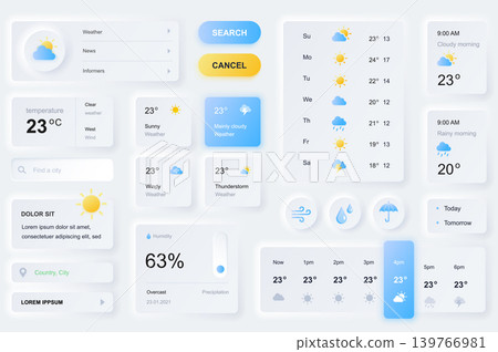User interface elements for weather forecast mobile app. Unique neumorphic design UI, UX, GUI, KIT elements template. Neumorphism style. Different form, components, button, menu, weather vector icons. User interface elements for weather forecast mobile app. Unique neumorphic design UI, UX, GUI, KIT elements template. Neumorphism style. Different form, components, button, menu, weather vector icons. 139766981