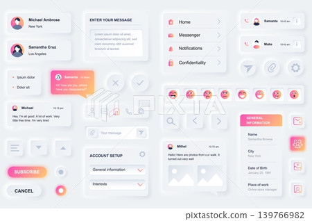 User interface elements for social network mobile app. Unique neumorphic design UI, UX, GUI, KIT elements template. Neumorphism style. Different form, components, button, menu, media vector icons. User interface elements for social network mobile app. Unique neumorphic design UI, UX, GUI, KIT elements template. Neumorphism style. Different form, components, button, menu, media vector icons. 139766982