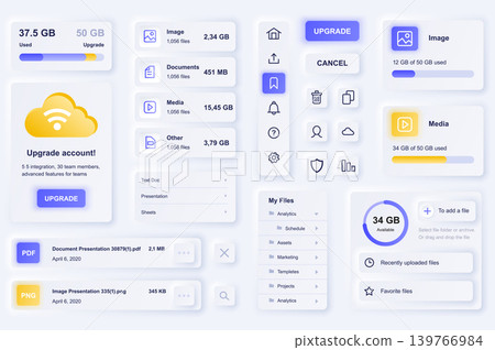User interface elements for cloud technology mobile app. Unique neumorphic design UI, UX, GUI, KIT elements template. Neumorphism style. Different form, components, button, menu, vector icons. User interface elements for cloud technology mobile app. Unique neumorphic design UI, UX, GUI, KIT elements template. Neumorphism style. Different form, components, button, menu, vector icons. 139766984