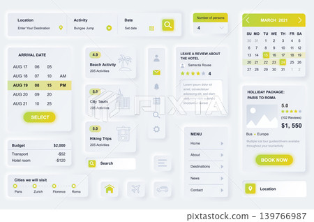 User interface elements for travel agency mobile app. Unique neumorphic design UI, UX, GUI, KIT elements template. Neumorphism style. Different form, components, button, menu, travel vector icons. User interface elements for travel agency mobile app. Unique neumorphic design UI, UX, GUI, KIT elements template. Neumorphism style. Different form, components, button, menu, travel vector icons. 139766987