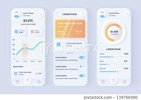 Online banking unique neomorphic design kit. Smart finance application with manage transactions and view account activities. UI UX templates set. Vector illustration of GUI for responsive mobile app. Online banking unique neomorphic design kit. Smart finance application with manage transactions and view account activities. UI UX templates set. Vector illustration of GUI for responsive mobile app. 139766990