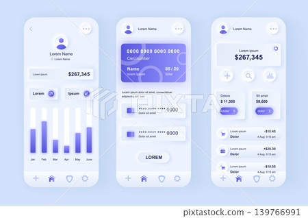 Online banking unique neomorphic design kit. Mobile wallet screens with financial analytics and balance. Financial management UI UX templates set. Vector illustration of GUI for responsive mobile app. Online banking unique neomorphic design kit. Mobile wallet screens with financial analytics and balance. Financial management UI UX templates set. Vector illustration of GUI for responsive mobile app. 139766991
