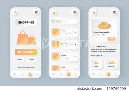 Online shopping unique neomorphic design kit. Shopping app with product photo, description and price. Internet marketplace platform UI UX templates set. Vector illustration of GUI for mobile app. Online shopping unique neomorphic design kit. Shopping app with product photo, description and price. Internet marketplace platform UI UX templates set. Vector illustration of GUI for mobile app. 139766999