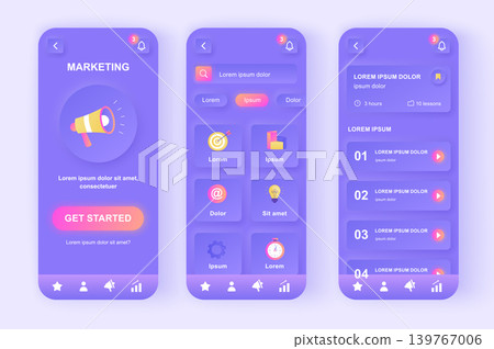 Digital marketing unique neomorphic design kit. Business analysis, content strategy, research and management. SMM solution UI UX templates set. Vector illustration of GUI for responsive mobile app. Digital marketing unique neomorphic design kit. Business analysis, content strategy, research and management. SMM solution UI UX templates set. Vector illustration of GUI for responsive mobile app. 139767006