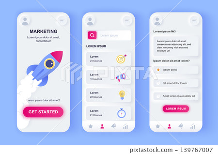 Digital marketing unique neomorphic design kit. Marketing strategy online analysis, research and management. SMM solution UI UX templates set. Vector illustration of GUI for responsive mobile app. Digital marketing unique neomorphic design kit. Marketing strategy online analysis, research and management. SMM solution UI UX templates set. Vector illustration of GUI for responsive mobile app. 139767007
