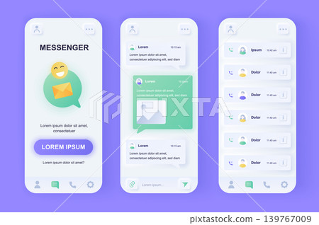 Online messenger unique neomorphic design kit. Social network messenger communication service screens, live chat boxes. UI UX templates set. Vector illustration of GUI for responsive mobile app. Online messenger unique neomorphic design kit. Social network messenger communication service screens, live chat boxes. UI UX templates set. Vector illustration of GUI for responsive mobile app. 139767009