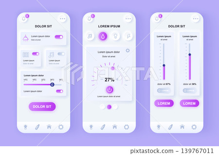 Smart Home unique neomorphic design kit. Internet of things technology of home automation system. Remote control of house UI UX templates set. Vector illustration of GUI for responsive mobile app. Smart Home unique neomorphic design kit. Internet of things technology of home automation system. Remote control of house UI UX templates set. Vector illustration of GUI for responsive mobile app. 139767011