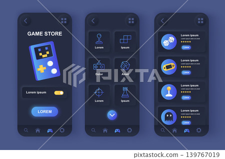 Game store unique neomorphic design kit. Computer video games, game accessories for smartphones, gamepads and consoles. UI UX templates set. Vector illustration of GUI for responsive mobile app. Game store unique neomorphic design kit. Computer video games, game accessories for smartphones, gamepads and consoles. UI UX templates set. Vector illustration of GUI for responsive mobile app. 139767019