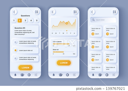 Online learning platform unique neomorphic design kit. Distance education service for students and teachers, study progress. UI UX templates set. Vector illustration of GUI for responsive mobile app. Online learning platform unique neomorphic design kit. Distance education service for students and teachers, study progress. UI UX templates set. Vector illustration of GUI for responsive mobile app. 139767021