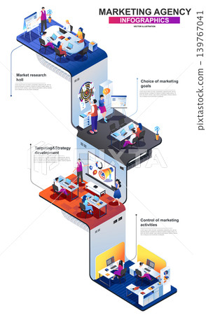 Marketing agency modern isometric infographics. 3d isometry graphic design with marketing research team. Targeting, strategy development multi level isometric concept with people, vector illustration. Marketing agency modern isometric infographics. 3d isometry graphic design with marketing research team. Targeting, strategy development multi level isometric concept with people, vector illustration. 139767041