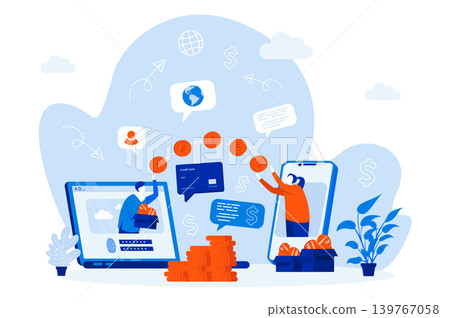 Money transfer web concept with people characters. Online money transaction scene design. Worldwide payment system composition in flat style. Vector illustration for social media promotional materials Money transfer web concept with people characters. Online money transaction scene design. Worldwide payment system composition in flat style. Vector illustration for social media promotional materials 139767058