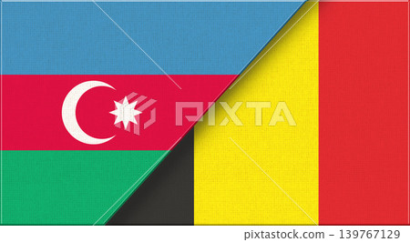 Double Flag of Azerbaijan and Belgium on Fabric Texture. 3D illustration 139767129