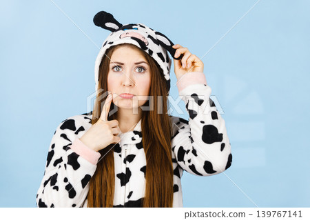 Teen confused girl wearing pajamas cartoon 139767141