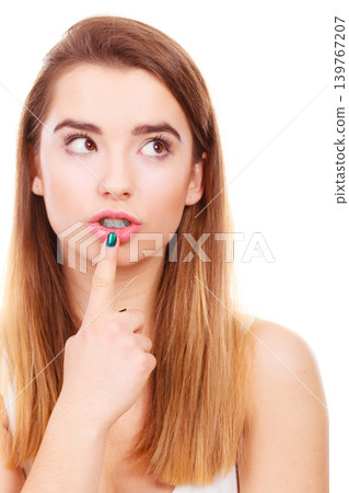Portrait of happy thinking you woman Portrait of happy thinking you woman 139767207
