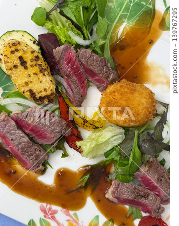 A Western-style plate featuring beef steak and colorful vegetables. A Western-style plate featuring beef steak and colorful vegetables. 139767295