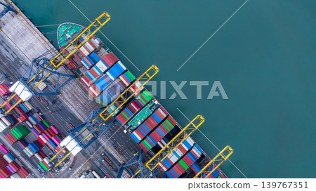 Container ship carrying container box in import export with quay crane, Global business cargo freight shipping commercial trade logistic and transportation oversea worldwide by container vessel. 139767351