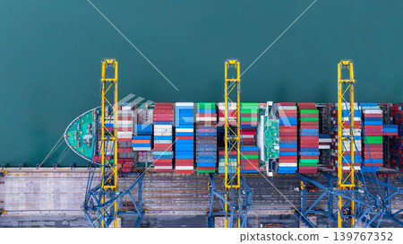 Container ship carrying container box in import export with quay crane, Global business cargo freight shipping commercial trade logistic and transportation oversea worldwide by container vessel. 139767352
