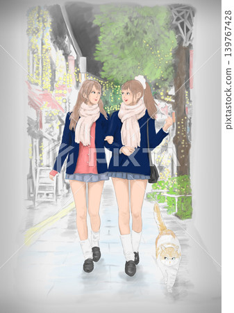 Girls walking in the city and a cat Girls walking in the city and a cat 139767428