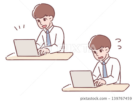 Illustration of a man working on a laptop, with variations in facial expression. Illustration of a man working on a laptop, with variations in facial expression. 139767459
