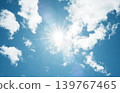 White clouds spread across a vibrant blue sky, bathed in the dazzling sunlight. 139767465
