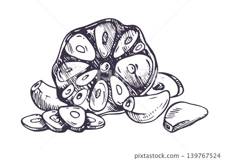 Hand drawn sketch of sliced garlic bulb. Ink illustration of fresh aromatic vegetable for culinary recipe design. Organic food ingredient for restaurant menu and grocery store packaging. Hand drawn sketch of sliced garlic bulb. Ink illustration of fresh aromatic vegetable for culinary recipe design. Organic food ingredient for restaurant menu and grocery store packaging. 139767524