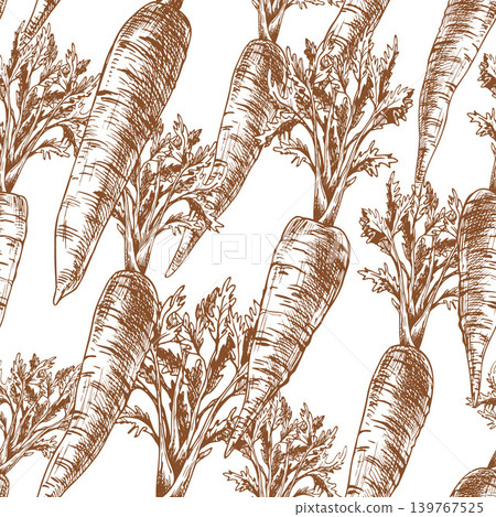 Hand drawn carrot seamless pattern illustration. Sketch of raw vegetables with foliage in ink line art style. Repeating background for farm market organic food packaging and grocery design. Hand drawn carrot seamless pattern illustration. Sketch of raw vegetables with foliage in ink line art style. Repeating background for farm market organic food packaging and grocery design. 139767525