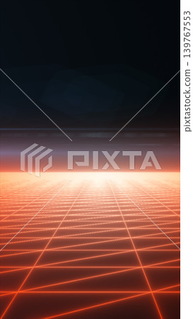 Orange glowing retro grid landscape stretching toward a dark horizon, creating a futuristic synthwave virtual space background. Orange glowing retro grid landscape stretching toward a dark horizon, creating a futuristic synthwave virtual space background. 139767553