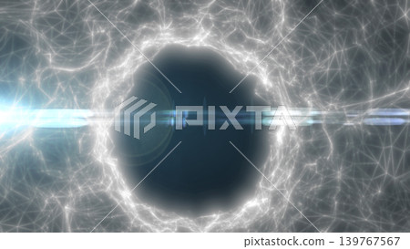 White glowing energy portal with electric halo and lens flare on a futuristic wireframe network grid, abstract sci-fi technology background 139767567
