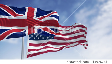 National flags of the Unites States and United Kingdom waving in the wind National flags of the Unites States and United Kingdom waving in the wind 139767610
