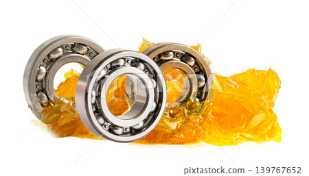 Ball bearing stainless with grease lithium machinery lubrication for automotive and industrial isolated on white background. Ball bearing stainless with grease lithium machinery lubrication for automotive and industrial isolated on white background. 139767652