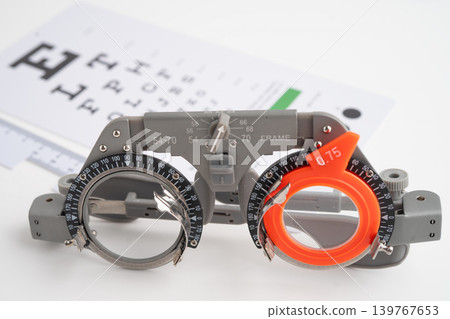 Ophthalmic trial frames to visual acuity eye test. 139767653