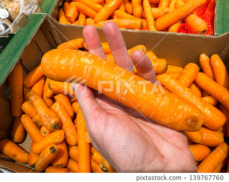 A close up photo of human hand choosing carrots in the store. 139767760