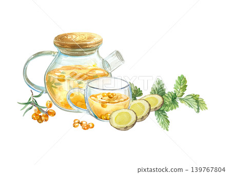 Sea buckthorn tea in a teapot and cup with mint leaves, berries and sliced ginger root. Hand drawn watercolor illustration of healthy drink, isolated. Suitable for tea labels and menu design. Sea buckthorn tea in a teapot and cup with mint leaves, berries and sliced ginger root. Hand drawn watercolor illustration of healthy drink, isolated. Suitable for tea labels and menu design. 139767804